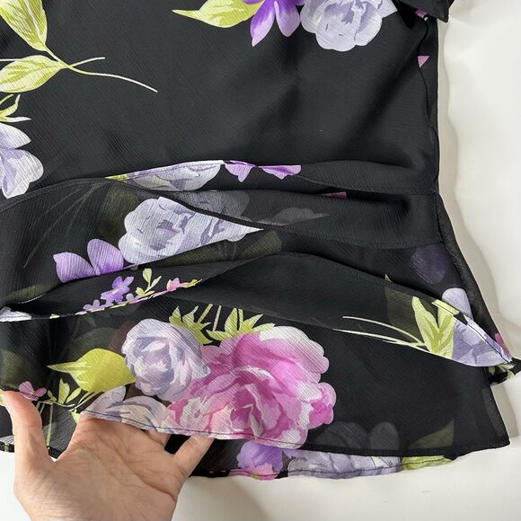 Studio 1 Chiffon Top Sz 14 Black Floral Flutter Sleeve Ruffle Dark Romantic 90s - Picture 7 of 13